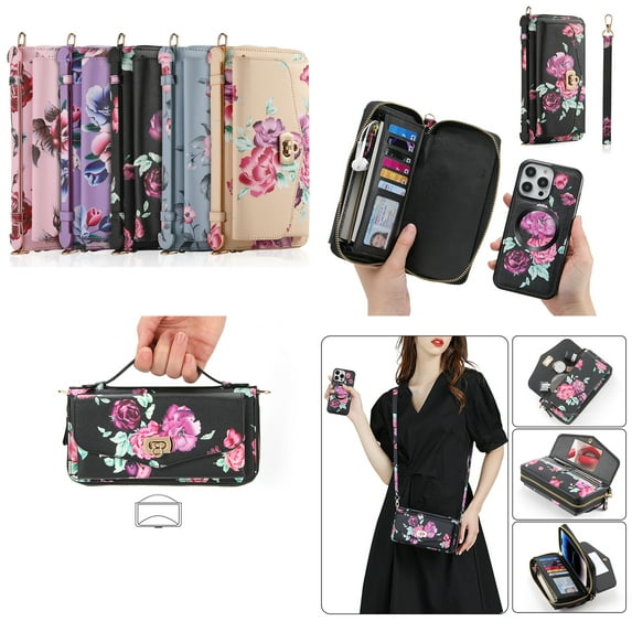 ELEHOLD Phone Bag with Case for iPhone 12 Pro Multi-Functional Wallet Case Large Capacity with Card Slots Zipper Purse Wriststrap Adjustable Shoulder Strap Handbag for Women,black