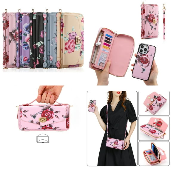 ELEHOLD Phone Bag with Case for iPhone 14 Multi-Functional Wallet Case Large Capacity with Card Slots Zipper Purse Wriststrap Adjustable Shoulder Strap Handbag for Women,pink