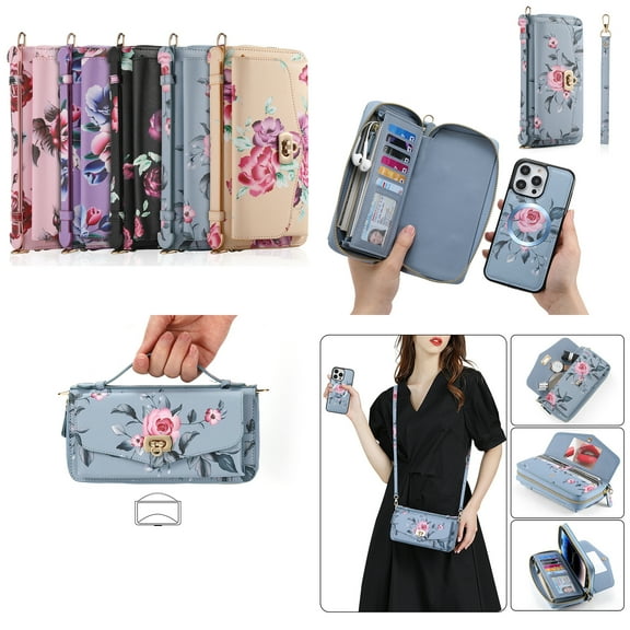 ELEHOLD Phone Bag with Case for iPhone 14 Multi-Functional Wallet Case Large Capacity with Card Slots Zipper Purse Wriststrap Adjustable Shoulder Strap Handbag for Women,grey