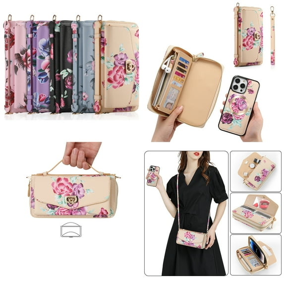 ELEHOLD Phone Bag with Case for iPhone 8 Plus/7 Plus Multi-Functional Wallet Case Large Capacity with Card Slots Zipper Purse Wriststrap Adjustable Shoulder Strap Handbag for Women,yellow