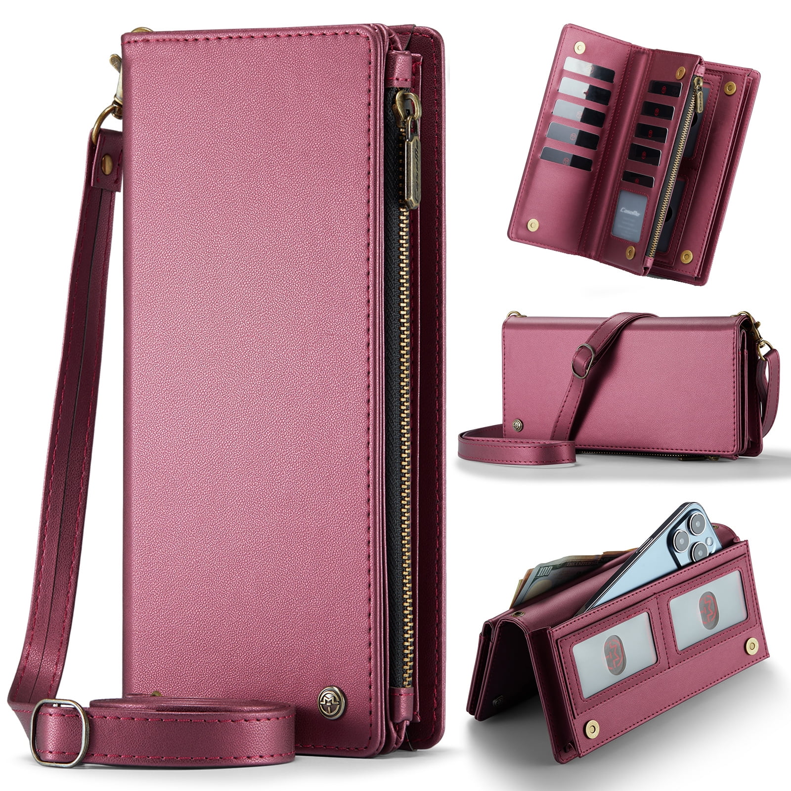 ELEHOLD Phone Bag Wallets for Women Girls,Luxury PU Leather Wallet Bag Crossbody Handbag with Phone Pocket Zipper Pocket Large Capacity Credit Card Holders Wriststrap Shoulder Strap,Winered