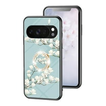 ELEHOLD Phone Case For Google Pixel 10 Pro with Finger Ring Kickstand, Cute Flower Pattern for Girls Women, Full Camera Protection Shockproof TPU Bumper Hard Glass Back Floral Case, Blue
