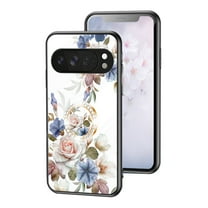 ELEHOLD Phone Case For Google Pixel 10 Pro XL with Finger Ring Kickstand, Cute Flower Pattern for Girls Women, Full Camera Protection Shockproof TPU Bumper Hard Glass Back Floral Case, White