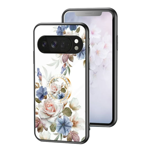 ELEHOLD Phone Case For Google Pixel 10 Pro XL with Finger Ring Kickstand, Cute Flower Pattern for Girls Women, Full Camera Protection Shockproof TPU Bumper Hard Glass Back Floral Case, White