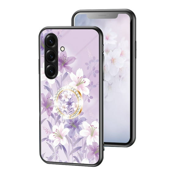ELEHOLD Phone Case For Samsung Galaxy S25 FE with Finger Ring Kickstand, Cute Flower Pattern for Girls Women, Full Camera Protection Shockproof TPU Bumper Hard Glass Back Floral Case, Purple