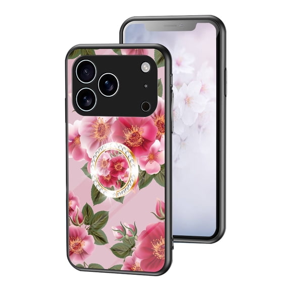 ELEHOLD Phone Case For iPhone 17 Pro Max with Finger Ring Kickstand, Cute Flower Pattern for Girls Women, Full Camera Protection Shockproof TPU Bumper Hard Glass Back Floral Case, Red