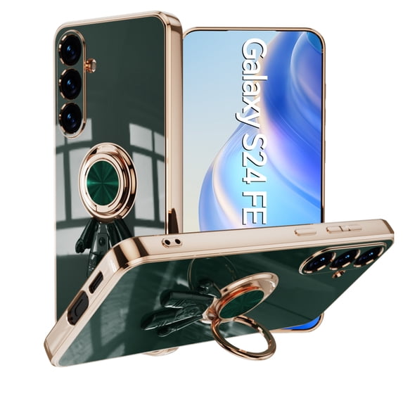 ELEHOLD Plating Case For Samsung Galaxy S24 FE – TPU Slim Magnetic Shockproof Cover, 360° Rotatable Ring Stand, 3D Astronaut Design, Lens All-Inclusive Protection, Darkgreen