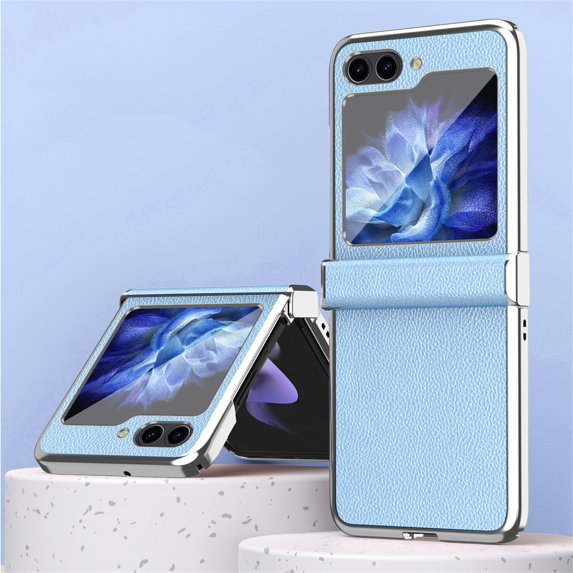 ELEHOLD Plating Case for Samsung Galaxy Z Flip 5 2023, Premium PU Leather Lychee Pattern with Hinge Protection Metal Bumper Slim Lightweight Folding Case for Samsung Galaxy Z Flip 5,Blue