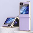 thumbnail image 1 of ELEHOLD Plating Case for Samsung Galaxy Z Flip 5 2023, Premium PU Leather Lychee Pattern with Hinge Protection Metal Bumper Slim Lightweight Folding Case for Samsung Galaxy Z Flip 5, Purple, 1 of 10