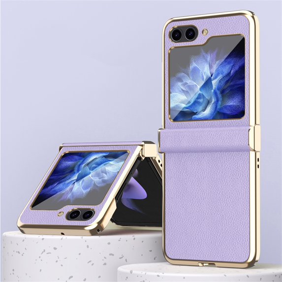 ELEHOLD Plating Case for Samsung Galaxy Z Flip 5 2023, Premium PU Leather Lychee Pattern with Hinge Protection Metal Bumper Slim Lightweight Folding Case for Samsung Galaxy Z Flip 5, Purple