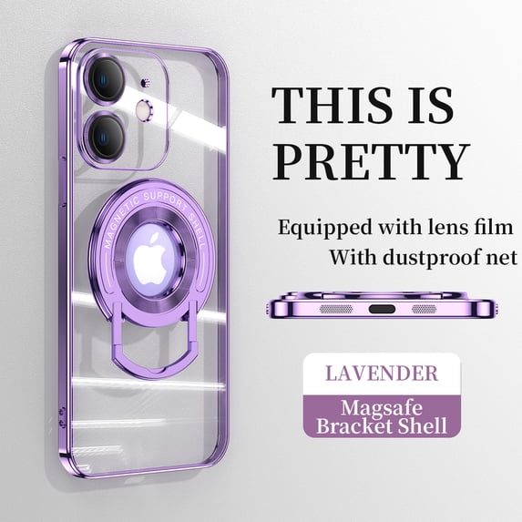 ELEHOLD Plating Case for iPhone 11 6.1",Transparent Clear Back Magnetic Compatible with MagSafe Charging Foldable Kickstand Shockproof Anti-Yellowing Case,Lightpurple