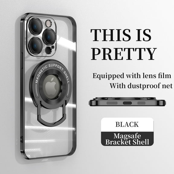 ELEHOLD Plating Case for iPhone 11 Pro Max 6.5",Transparent Clear Back Magnetic Compatible with MagSafe Charging Foldable Kickstand Shockproof Anti-Yellowing Case,Black