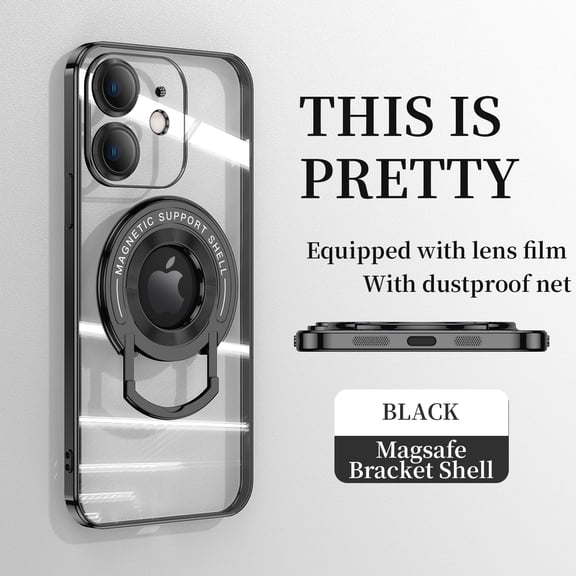 ELEHOLD Plating Case for iPhone 12 6.1",Transparent Clear Back Magnetic Compatible with MagSafe Charging Foldable Kickstand Shockproof Anti-Yellowing Case,Black
