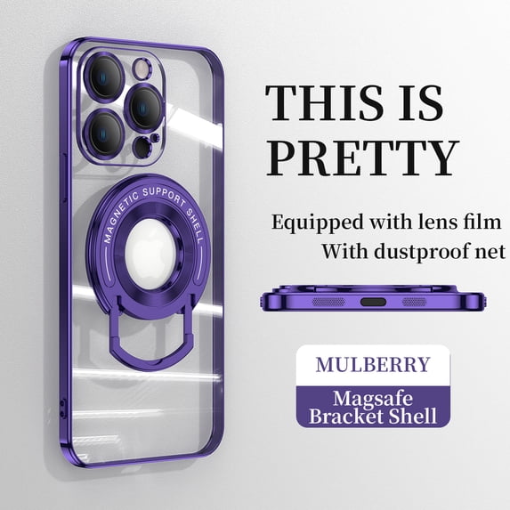 ELEHOLD Plating Case for iPhone 12 Pro Max 6.7",Transparent Clear Back Magnetic Compatible with MagSafe Charging Foldable Kickstand Shockproof Anti-Yellowing Case,Darkpurple
