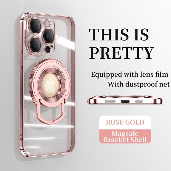 ELEHOLD Plating Case for iPhone 12 Pro Max 6.7",Transparent Clear Back Magnetic Compatible with MagSafe Charging Foldable Kickstand Shockproof Anti-Yellowing Case,Rosegold