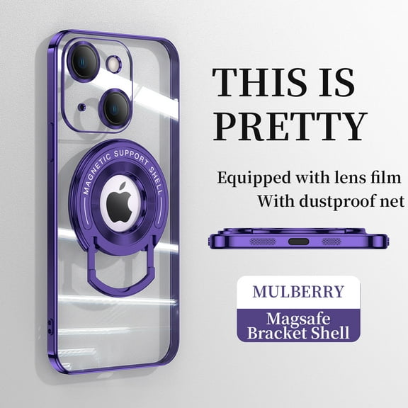 ELEHOLD Plating Case for iPhone 14 6.1",Transparent Clear Back Magnetic Compatible with MagSafe Charging Foldable Kickstand Shockproof Anti-Yellowing Case for iPhone 14,Darkpurple