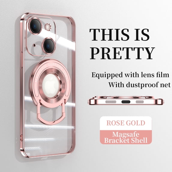 ELEHOLD Plating Case for iPhone 14 6.1",Transparent Clear Back Magnetic Compatible with MagSafe Charging Foldable Kickstand Shockproof Anti-Yellowing Case for iPhone 14,Rosegold