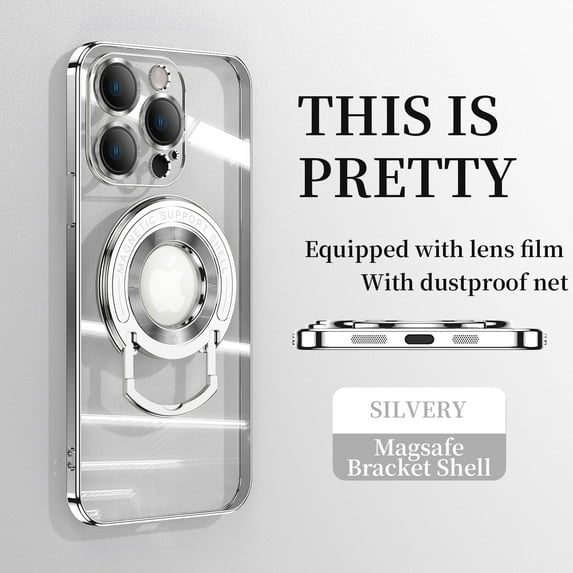 ELEHOLD Plating Case for iPhone 14 Pro 6.1",Transparent Clear Back Magnetic Compatible with MagSafe Charging Foldable Kickstand Shockproof Anti-Yellowing Case,Silver