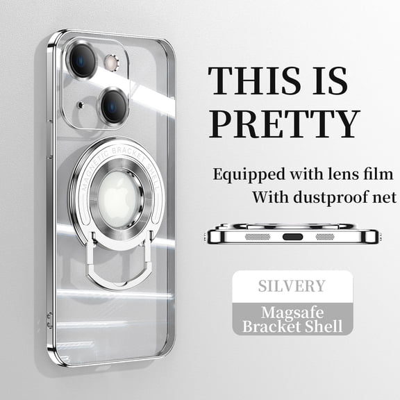 ELEHOLD Plating Case for iPhone 15 Plus,Transparent Clear Back Magnetic Compatible with MagSafe Charging Foldable Kickstand Shockproof Anti-Yellowing Case for iPhone 15 Plus,Silver