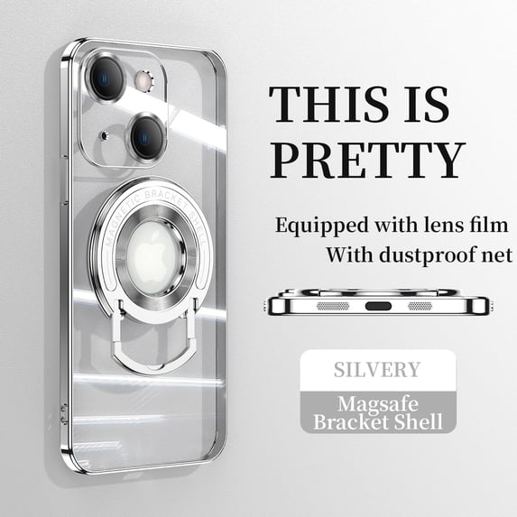 ELEHOLD Plating Case for iPhone 15 Plus,Transparent Clear Back Magnetic Compatible with MagSafe Charging Foldable Kickstand Shockproof Anti-Yellowing Case for iPhone 15 Plus,Silver