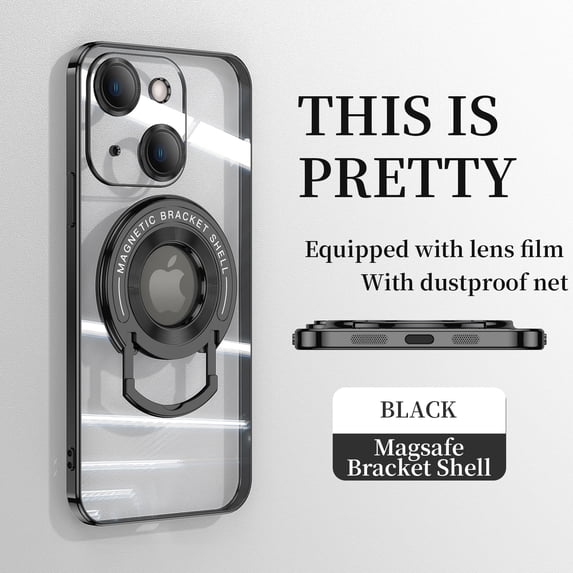 ELEHOLD Plating Case for iPhone 15 Plus,Transparent Clear Back Magnetic Compatible with MagSafe Charging Foldable Kickstand Shockproof Anti-Yellowing Case for iPhone 15 Plus,Black