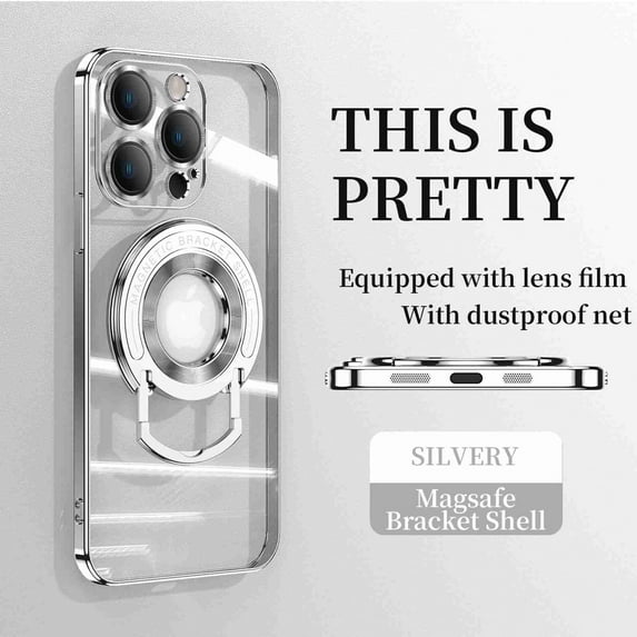ELEHOLD Plating Case for iPhone 15 Pro Max,Transparent Clear Back Magnetic Compatible with MagSafe Charging Foldable Kickstand Shockproof Anti-Yellowing Case for iPhone 15 Pro Max,Silver