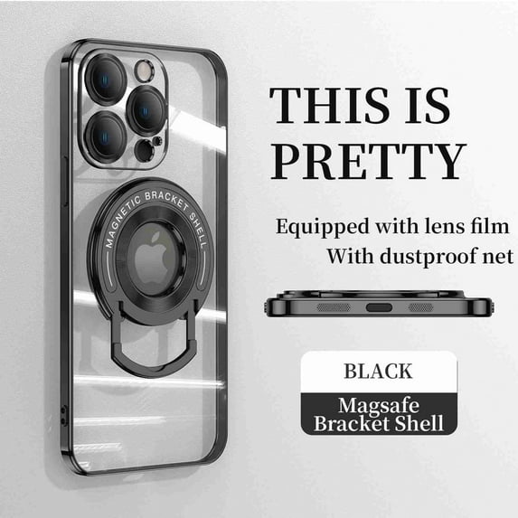 ELEHOLD Plating Case for iPhone 15 Pro Max,Transparent Clear Back Magnetic Compatible with MagSafe Charging Foldable Kickstand Shockproof Anti-Yellowing Case for iPhone 15 Pro Max,Black