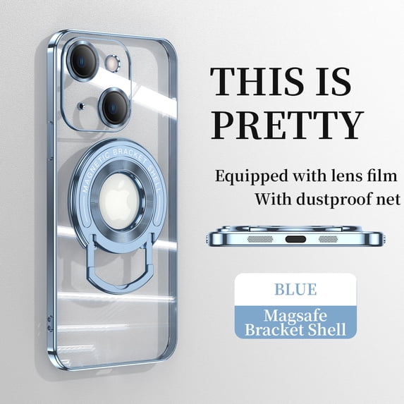 ELEHOLD Plating Case for iPhone 15,Transparent Clear Back Magnetic Compatible with MagSafe Charging Foldable Kickstand Shockproof Anti-Yellowing Case for iPhone 15,Blue