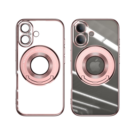 ELEHOLD Plating Case for iPhone 16 Plus,Transparent Clear Back Magnetic Compatible with Mag Safe Charging Foldable Kickstand Shockproof Anti-Yellowing Case for iPhone 16 Plus,Rosegold