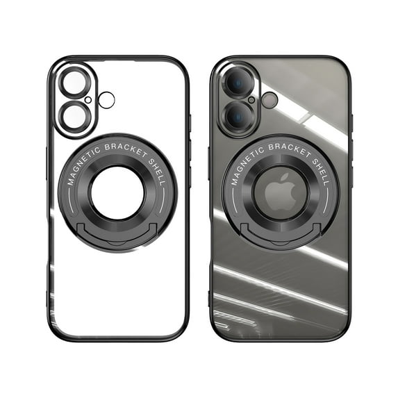 ELEHOLD Plating Case for iPhone 16 Plus,Transparent Clear Back Magnetic Compatible with Mag Safe Charging Foldable Kickstand Shockproof Anti-Yellowing Case for iPhone 16 Plus,Black