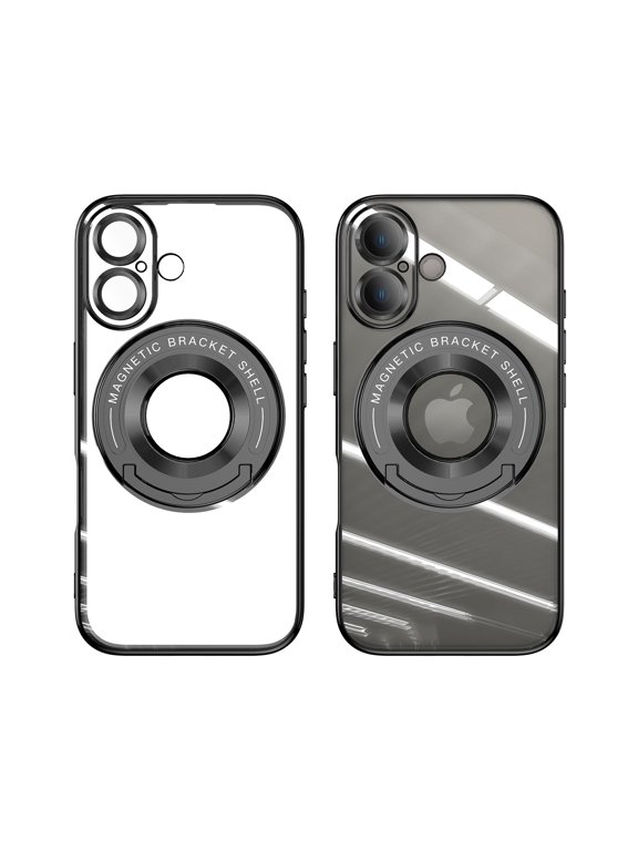 Plating Case for iPhone 16 Plus,Transparent Clear Back Magnetic Compatible with Mag Safe Charging Foldable Kickstand Shockproof Anti-Yellowing Case for iPhone 16 Plus,Black
