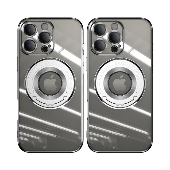 ELEHOLD Plating Case for iPhone 16 Pro Max,Transparent Clear Back Magnetic Compatible with Mag Safe Charging Foldable Kickstand Shockproof Anti-Yellowing Case for iPhone 16 Pro Max,Silver