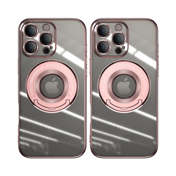 ELEHOLD Plating Case for iPhone 16 Pro Max,Transparent Clear Back Magnetic Compatible with Mag Safe Charging Foldable Kickstand Shockproof Anti-Yellowing Case for iPhone 16 Pro Max,Rosegold