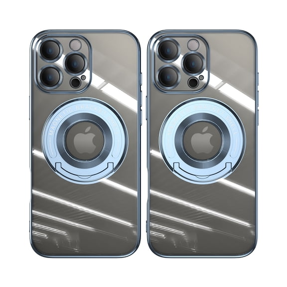 ELEHOLD Plating Case for iPhone 16 Pro Max,Transparent Clear Back Magnetic Compatible with Mag Safe Charging Foldable Kickstand Shockproof Anti-Yellowing Case for iPhone 16 Pro Max,Blue