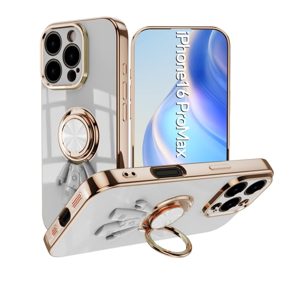 ELEHOLD Plating Case For iPhone 16 Pro – TPU Slim Magnetic Shockproof Cover, 360° Rotatable Ring Stand, 3D Astronaut Design, Lens All-Inclusive Protection, White