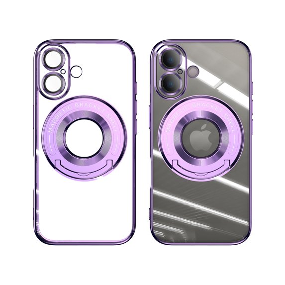 ELEHOLD Plating Case for iPhone 16,Transparent Clear Back Magnetic Compatible with Mag Safe Charging Foldable Kickstand Shockproof Anti-Yellowing Case for iPhone 16,Lightpurple