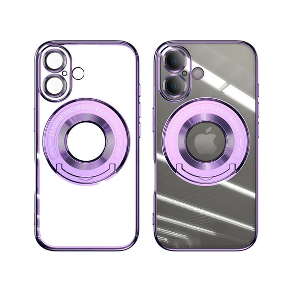 ELEHOLD Plating Case for iPhone 16,Transparent Clear Back Magnetic Compatible with Mag Safe Charging Foldable Kickstand Shockproof Anti-Yellowing Case for iPhone 16,Lightpurple