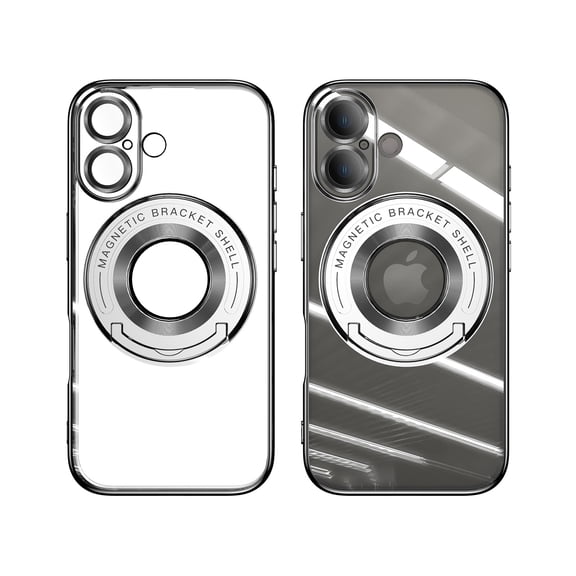 ELEHOLD Plating Case for iPhone 16,Transparent Clear Back Magnetic Compatible with Mag Safe Charging Foldable Kickstand Shockproof Anti-Yellowing Case for iPhone 16,Silver