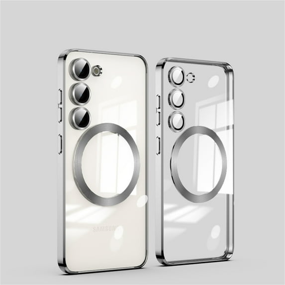 ELEHOLD Plating Clear Case for Samsung Galaxy S23 Plus 6.6",Transparent Clear Electroplated Frame with Camera Lens Protector Compatible with MagSafe Magnetic Shockproof Case,Silver