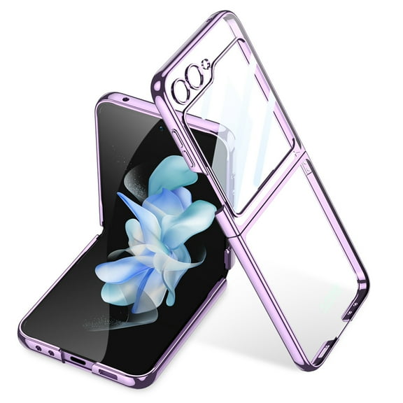 ELEHOLD Plating Clear Case for Samsung Galaxy Z Flip 5,Crystal Transparent Clear Case with Built-in Small Screen Protector Electroplated Frame Anti-Yellowing Shockproof Case for Z Flip 5,Purple