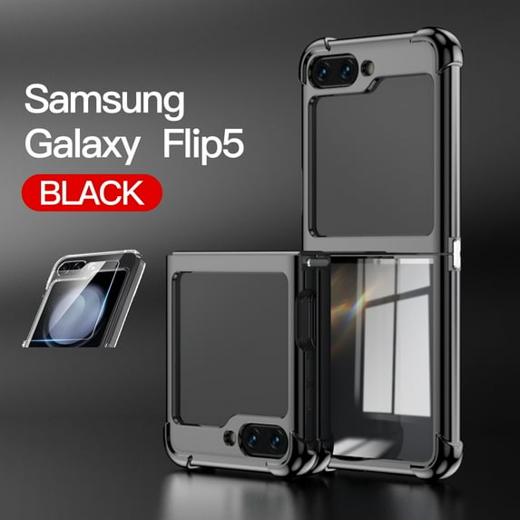 ELEHOLD Plating Clear Case for Samsung Galaxy Z Flip 5, with Four-Cornered Shockproof Protection Transparent Electroplated Shell with 1 Pack Small Screen Protector for Galaxy Z Flip5 2023, Black