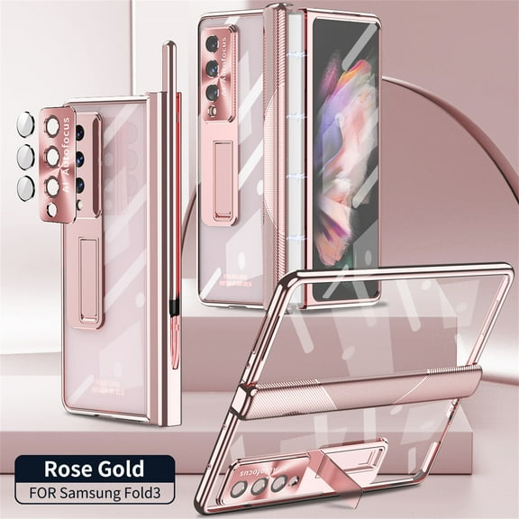 ELEHOLD Plating Clear Case for Samsung Galaxy Z Fold 3 with Hinge Protection Built-in Screen Protector, with Stylus Hidden Kickstand Lens Protection Anti-Yellowing Shockproof Luxury Case,Rosegold