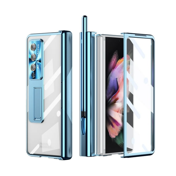 ELEHOLD Plating Clear Case for Samsung Galaxy Z Fold 4 with Hinge Protection Built-in Screen Protector, with Stylus Hidden Kickstand Lens Protection Anti-Yellowing Shockproof Luxury Case,Blue