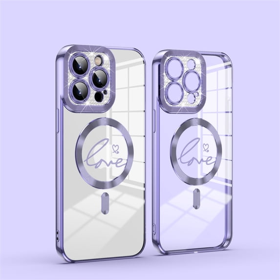 ELEHOLD Plating Clear Case for iPhone 12 Pro Max, Compatible with MagSafe Case,Full Cover Bling Glitter Lens Protector ,Plating Cute Lover Heart Design Clear Case Cover, darkpurple