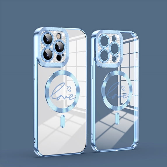 ELEHOLD Plating Clear Case for iPhone 12 Pro Max, Compatible with MagSafe Case,Full Cover Bling Glitter Lens Protector ,Plating Cute Lover Heart Design Clear Case Cover, blue