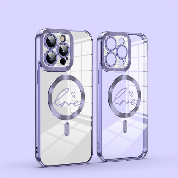 ELEHOLD Plating Clear Case for iPhone 13, Compatible with MagSafe Case,Full Cover Bling Glitter Lens Protector ,Plating Cute Lover Heart Design Clear Case Cover, darkpurple