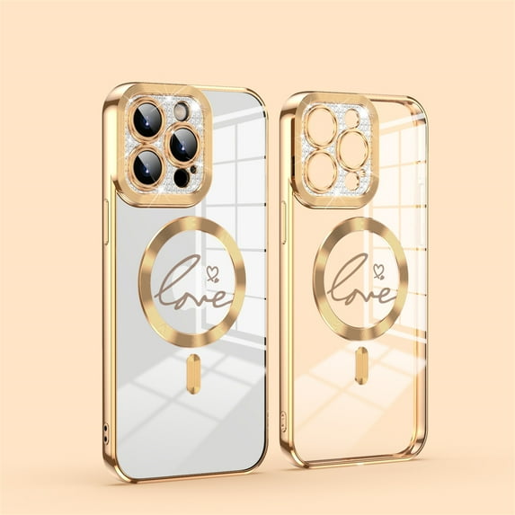 ELEHOLD Plating Clear Case for iPhone 13, Compatible with MagSafe Case,Full Cover Bling Glitter Lens Protector ,Plating Cute Lover Heart Design Clear Case Cover, gold