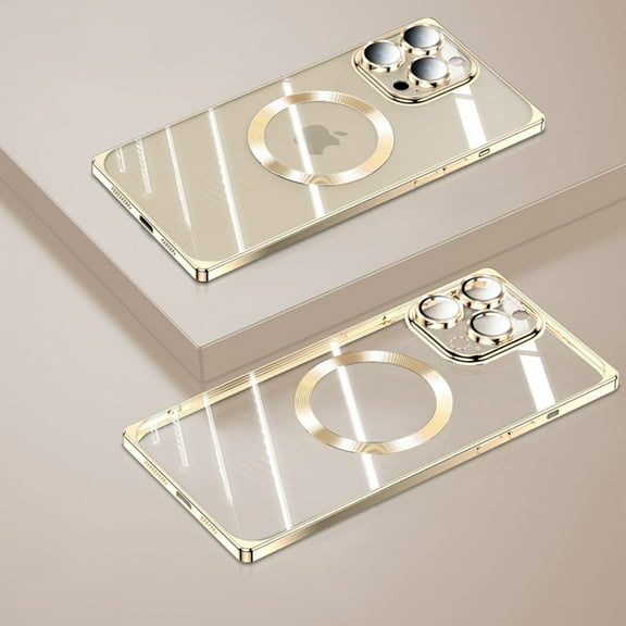 ELEHOLD Plating Clear Case for iPhone 13 Pro Max,with Camera Lens Protector Anti-Yellowing Compatible with MagSafe Strong Magnetic Slim Lightweight Dustproof Case for iPhone 13 Pro Max,Gold