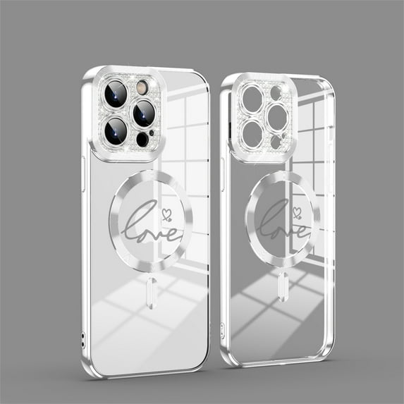 ELEHOLD Plating Clear Case for iPhone 14 Pro, Compatible with MagSafe Case,Full Cover Bling Glitter Lens Protector ,Plating Cute Lover Heart Design Clear Case Cover, silver