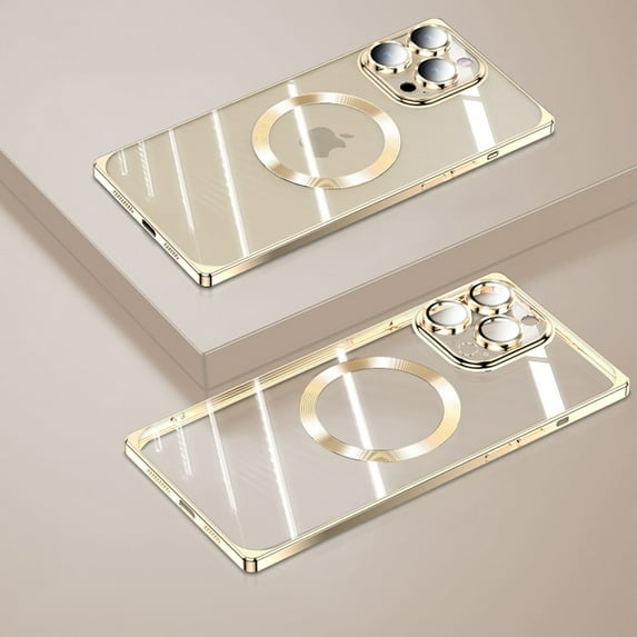 ELEHOLD Plating Clear Case for iPhone 15 Pro,with Camera Lens Protector Anti-Yellowing Compatible with MagSafe Strong Magnetic Slim Lightweight Dustproof Case for iPhone 15 Pro 6.1",Gold